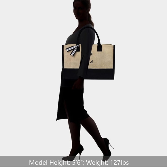 Black & Tan Personalized Initial Jute/Canvas Tote Bag - Picture 5 of 5